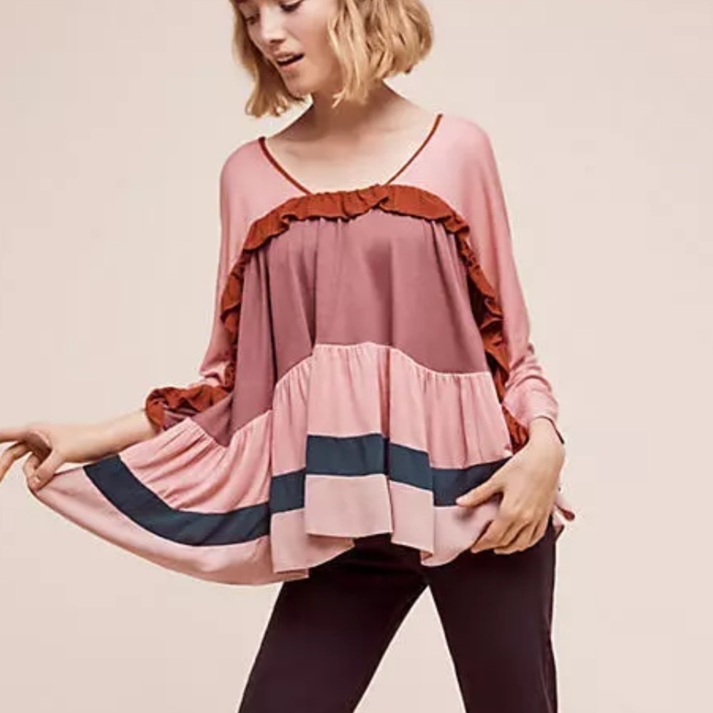 Anthropologie Meadow Rue Color Block Ruffle Top